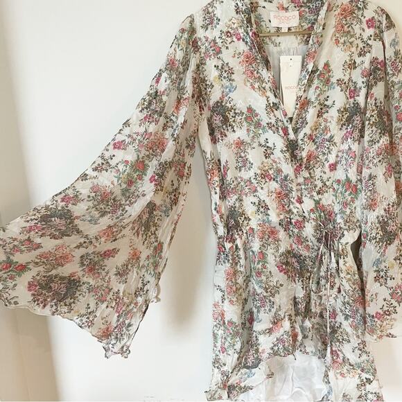 NWT Rococo Sand Ivory Floral Jane Wrap Mini Dress Wrap Beaded Tassel Tie Waist S - Picture 7 of 15